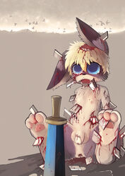 anthro blonde_hair blood blue_eyes color death feanor flaccid furry gore lagomorph male male_death male_only male_ryona mammal melee_weapon mutilation nude open_mouth penis rabbit sadism short_hair sitting solo staples sword teeth torture weapon