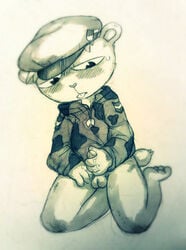 balls bear blush bottomless bottomless_male cock desperate desperation drawing drawn erect_penis feet flippy flippy_(htf) fur furry hand_on_penis happy_tree_friends jacking_off masturbation military military_hat military_jacket military_uniform no_color penis pleasure pleasure_face solo sweat sweaty tail touching_penis