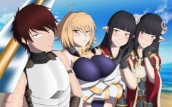 armor armored_female beach_background black_hair blonde_hair blue_eyes chest_plate clear_sky clouds corodere female gold_eyes green_eyes hands_together heterochromia hinoa holding_cheek minoto minoto_the_hub_maiden monster_girl_encyclopedia monster_hunter_(series) monster_hunter_rise neutral_expression oc red_hair scar scar_across_eye scarred_body scarred_face smiling_at_another smiling_at_viewer smirking_at_viewer sword sword_over_shoulder
