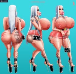 big_breasts big_lips bimbo bimbo_body bimbo_boobs bimbo_lips black_high_heels breasts_bigger_than_head choker collar gold_jewelry huge_breasts huge_lips hyper large_breasts lvst_inc. pink_lips white_hair