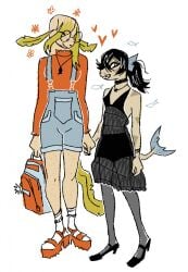 2022 anthro backpack clothed clothed_anthro clothing clover_(woetoy) dress eeveelution eyewear generation_3_pokemon generation_4_pokemon glasses hand_holding happy harley_(jariloxe) heart_symbol hi_res jariloxe leafeon milotic nintendo overalls pokemon pokemon_(species) romantic romantic_couple simple_background smile standing trans_(lore) trans_woman_(lore)