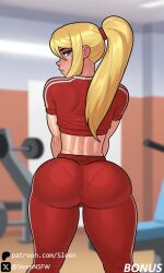 1girls ai_generated ass ass_focus big_ass bubble_butt butt butt_focus clothed clothed_female curvy eye_contact female gym gym_clothes gym_uniform looking_at_viewer metroid rabies-t-lagomorph_style samus_aran see-through_panties sleen sportswear sweat sweating yoga_pants zero_suit_samus