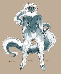 3_toes animal_genitalia anthro arceus balls big_tail blue_body blue_eyes eyewear feet fully_sheathed fur generation_4_pokemon genitals glasses hair head_tail hi_res horn jei_(jejunumiper) jejunumiper legendary_pokemon male multicolored_body muscular muscular_male neck_tuft nintendo pokemon pokemon_(species) pokemorph sheath simple_background solo tail toes tuft two_tone_body white_body white_fur white_hair