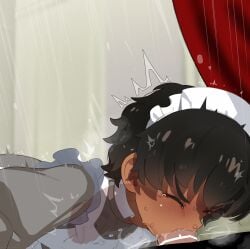 1boy absurdres bar_censor black_hair censored closed_eyes commentary_request dark-skinned_female dark_skin deepthroat fellatio female gundam gundam_gquuuuuux highres maid maid_headdress mizumizuni oral penis short_hair solo_focus straight symbol-shaped_pupils vani_(gundam)