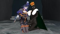1boy 1girls 3d blue_hair breasts cleave_gag clorinde_(genshin_impact) dark-skinned_male duo female fontaine_girls gag genshin_impact kidnapping male mmd nah pavro
