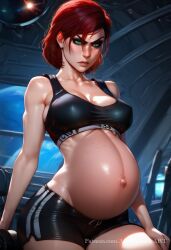 1girls 3d ai_generated ai_sensuality annoyed booty_shorts breasts female female_only femshep freckles green_eyes light-skinned_female mascara mass_effect medium_breasts midriff navel pregnant red_hair shorts sitting solo sports_bra wide_hips