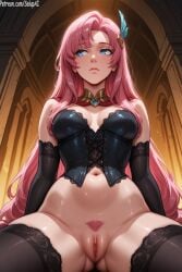 1girls ai_generated blue_eyes corset elbow_gloves female female female_only from_below league_of_legends long_hair looking_away navel no_panties patreon pink_hair pubic_hair pussy riot_games salupai seraphine_(league_of_legends) sitting solo solo_female thighhighs uncensored watermark