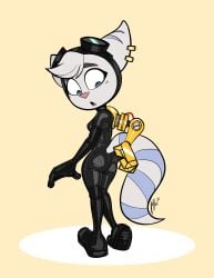 1girls 2020s 2023 4_fingers amazed anthro ass ass_crack beige_background big_eyes black_bodysuit black_clothing black_gloves black_goggles black_hood black_latex black_rubber blue_eyes blush bodysuit butt_crack clothes_pull clothing clothing_pull commission ear_piercing eyebrows female female_focus female_only furry furry_ears goggles goggles_on_head grabbing_clothing grey_eyebrows grey_fur grey_skin head_turned hi_res hood insomniac_games latex latex_clothing latex_hood latex_suit lettuce_(artist) lombax long_ears long_gloves looking_at_ass looking_at_butt looking_at_own_ass looking_at_own_butt looking_down looking_pleasured open_eyes open_mouth png prosthetic prosthetic_arm pulling_clothing pulling_own_clothes purple_tail ratchet_and_clank ratchet_and_clank:_rift_apart rivet_(ratchet_and_clank) rubber rubber_clothing rubber_hood rubber_suit signature solo sony_interactive_entertainment standing tail tight_clothing turning_head