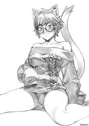 absurdres animal_ears bare_shoulders blush cat_ears cat_girl cat_tail cleft_of_venus closed_mouth female glasses greyscale hair_ornament hairclip highres looking_at_viewer monochrome nilsunna off-shoulder_sweater off_shoulder original pussy round_eyewear short_hair simple_background sitting sleeves_past_fingers sleeves_past_wrists solo sunna_(nilsunna) sweater tail uncensored white_background