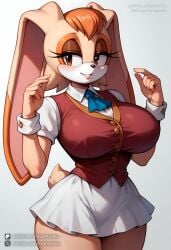 ai ai_art ai_generated animal_ears animal_nose artist_name bangs blush body_fur bow bowtie breasts brown_eyes brown_hair cleavage collared_shirt cumsonics female furry furry_female large_breasts looking_at_viewer metadata_request miniskirt model_request orange_hair pantyhose patreon_username pleated_skirt rabbit_ears shirt short_sleeves simple_background skirt smile snout solo sonic_(series) tail thick_thighs thighs twitter_username vanilla_the_rabbit web_address white_background white_shirt