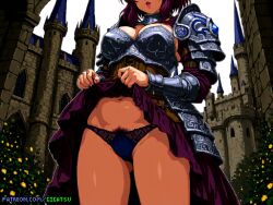 ai_generated armor armored_female castle day female gigatsu henrietta_de_tristain lift_skirt outdoors pixel_art pubic_hair seductive showing_panties zero_no_tsukaima