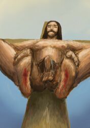 1boy bible bleeding bound cross cum cumming digital_drawing_(artwork) feet feet_focus hanging jesus_christ jewish long_hair male naked_male not_ai_generated semen