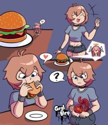 accidental_circumstance accidental_vore angel breasts bulge bulge_through_clothing burger choker dick_bulge digestion_noises drawninthedark_(artist) eri_(character) female femboy_on_female food_play foot_fetish internal_view male micro_bikini oceannean_(character) penis pink_hair thighs unwilling_prey vore