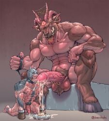 abs anthro balls beralin bovid canid caprine caprine_demon demon duo genital_piercing genitals goat goat_demon hi_res hooves male male/male mammal muscular muscular_anthro muscular_male nipple_piercing nipples pecs penis penis_piercing piercing size_difference story story_in_description vein veiny_penis