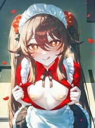 :p :q absurd_res ai_generated alternate_breast_size alternate_costume apron areola_slip bandaid bandaid_on_face bandaid_on_pussy bandaids_on_nipples black_bow black_bowtie black_nails black_ribbon black_skirt blush boo_tao_(genshin_impact) bow bowtie breasts breasts_apart breasts_out brown_hair closed_mouth clothes_pull collared_shirt colored_skin covered_nipples cowboy_shot dress_shirt enmaided falling_petals female flashing flower flower-shaped_pupils frilled_apron frilled_hairband frilled_skirt frills from_above genshin_impact hair_between_eyes hair_flaps hair_flower hair_ornament hair_ribbon hands_up heart-shaped_pupils heart_pasties hu_tao_(genshin_impact) indoors licking_lips long_hair long_sleeves looking_at_viewer looking_up maid maid_apron maid_headdress medium_breasts miniskirt ministro naughty_face neck_ribbon no_bra open_clothes open_shirt opened_by_self orange_eyes pale_skin partially_unbuttoned pasties petals pleated_skirt plum_blossoms pulled_by_self red_eyes red_flower red_shirt ribbon rose_petals seductive_smile shirt shirt_pull short_sleeves sidelocks skirt small_breasts smile solo standing symbol-shaped_pupils symbol_in_eye tatami tongue tongue_out twintails upper_body very_long_hair waist_apron white_apron white_hairband wing_collar
