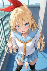 1boy ai_generated angry black_thighhighs blonde_hair blue_eyes blush erection femboy fists_clenched from_above genderswap_(ftm) hair_ribbon kirisaki_chitoge long_hair looking_at_viewer male miniskirt nisekoi open_mouth penis penis_under_skirt ponytail rule_63 school_rooftop school_uniform skirt solo standing tehmar trap tsundere
