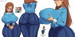 1girls ass ass_in_dress ass_shot big_ass big_breasts blue_dress blue_shirt breast_focus breasts brown_eyes brown_hair bubble_ass bubble_butt clothing dat_ass dress english english_text eyewear female female_only glasses hair hands_on_breasts hips huge_ass huge_breasts junfreaky kindergarten_(game) kindergarten_3 large_breasts long_hair mature mature_female ms._lovelett multiple_views nipple_bulge pantylines red_glasses reference_image self_fondle shirt smile solo solo_female sweat sweatdrop teacher teacher_outfit text wide_hips
