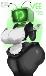 !? bare_thighs big_ass big_breasts bow_tie breasts dandy's_world dandys_world digital_drawing_(artwork) digital_media_(artwork) female huge_ass huge_breasts maid maid_uniform not_minus short_skirt thick_ass thick_thighs tv tv_screen vee_(dandy's_world) white_background