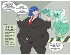 2girls apple blue_hair bongbong containment_cell fairy fairy_festival female lobotomy_corporation overweight pre_vore project_moon stuffing suit veryfilthything