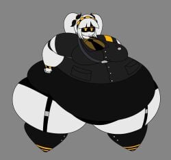 1girls 1robot bbw big_breasts black_tie breasts fat fat_belly fat_female fat_robot female glitch_productions hands_on_hips huge_belly j_(murder_drones) large_breasts long_hair massive_thighs murder_drone murder_drones obese overweight_female robot_girl round_belly secretgooble solid_color_background standing thick_thighs twintails uniform white_hair wide_hips yellow_eyes