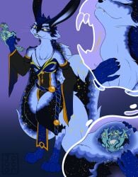 absurd_res anthro avali blue_body bodily_fluids clothing duo female hi_res internal joooon kyuulin macro male male/female micro multi_tail neck_bulge oral_vore saliva soft_vore stomach_bulge swallowing tail vore yellow_eyes