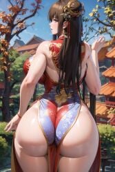 ass back bangs bare_shoulders blue_sky blunt_bangs bracelet breasts brown_hair china_dress chinese_clothes day dress female from_behind hair_ornament jewelry large_breasts long_hair makeup outdoors sidelocks sky smile solo thick_thighs thighs tree