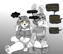 2025 anthro balls blush bodily_fluids bottomwear bottomwear_down canid canine canis caressing_face circumcised clothed clothing dazed disembodied_hand domestic_dog duo_focus english_text eyelashes eyewear female furry genital_fluids genitals glasses good_boy gradient_background group hare hi_res humanoid_genitalia humanoid_penis hypnosis hypnotic_eyes jawn_(gargojawn) lagomorph leporid male mammal mind_control pants pants_down partially_clothed pawpads penis pussy questionable_consent rabbit simple_background sluppy_(sluppydoodles) sluppydoodles speech_bubble spiral submissive submissive_female submissive_male text vaginal_fluids