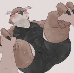 2025 anthro ass avian avian_feet ball_bulge big_butt biped bird black_clothing blush blush_lines bodily_fluids brown_body brown_fur bulge claws clothing digital_drawing_(artwork) digital_media_(artwork) duo feet foot_grab fur hi_res human human_on_anthro imminent_sex interspecies legs_up lying male mammal musk musk_clouds on_back otto(sssonic2) overweight overweight_anthro overweight_male owl rabur3su simple_background solo_focus squinted_eyes sweat sweaty_face sweaty_legs sweaty_thighs tight_clothing toe_claws