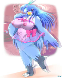 2015 4_toes anthro avian barefoot beak bird blue_eyes blue_feathers blue_hair blush bow breasts chubby claws closed_mouth clothing feathers female female_only grey_skin hair huge_breasts japanese_text lingerie long_hair looking_at_viewer nipples on_one_foot open_eyes pink_nipples pussy ribbons see-through signature smile solo standing text translation_request translucent white_feathers ymbk