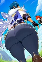 1boy 1male ai_generated ass ass_focus big_ass blue_hair bottom_heavy bubble_butt dark_skin dark_skinned_femboy diluc_(genshin_impact) eye_patch eyepatch femboy genshin_impact grass huge_ass huge_butt kaeya_(genshin_impact) male outdoors