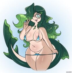 absurd_res anthro areola big_breasts bikini bikini_down biped blue_bikini blue_clothing blue_swimwear breasts clothed clothing eyelashes female genitals gesture green_hair hair hand_gesture hi_res looking_at_viewer marine open_mouth pupils pussy simple_background smile solo swimwear thick_thighs three-quarter_view two-piece_swimsuit v_sign vulva zombiate