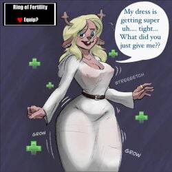 ass_expansion ass_growth big_ass big_breasts big_thighs blonde_female blonde_hair blue_eyes blue_eyes_female breast_expansion breast_growth breasts chat_bubble concerned confused curvy curvy_figure deer deer_ears deer_girl deltarune deltarune_chapter_2 female gold_jewelry growth horns hourglass_figure hourglass_figured_female huge_boobs huge_breasts looking_at_viewer nipple_bulge nipples_visible_through_clothing noelle_holiday noelle_holiday_(dark_world_form) ring skin_tight skin_tight_dress skin_tight_outfit thick_thighs wardrobe_malfunction wide_hips
