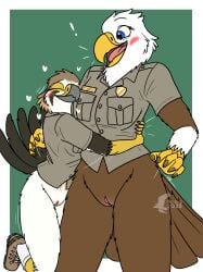 absurd_res accipitrid accipitriform american_kestrel anthro avian bald_eagle bird blush bottomless bottomless_female casual_exposure clothed clothing duo eagle evy_(fish_birb) female female/female fish_birb footwear genitals hi_res hug marie_fisher_(spyglass8) park_ranger pussy sea_eagle shoes uniform vulva