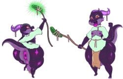 5_fingers anthro anus ass backsack balls belt big_butt bottomwear chains cheek_horn cleavage_cutout clothed clothing cutout desbjust dill_(desbjust) ear_piercing ear_ring fingers food genitals hi_res horn kobold lips loincloth magic magic_user male multicolored_body nipples open_clothing open_shirt open_topwear perineum pickle_(food) piercing pouch_(clothing) puffy_anus purple_body raised_tail red_eyes ring_piercing rope rope_belt scalie shirt solo staff tail thick_bottom_lip thick_thighs topwear two_tone_body
