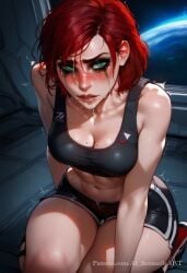 1girls 3d ai_generated ai_sensuality booty_shorts breasts crying defeated female female_only femshep freckles green_eyes imminent_rape light-skinned_female mascara mass_effect medium_breasts midriff navel red_hair runny_makeup shorts sitting solo sports_bra wide_hips
