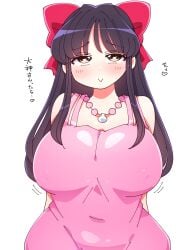 1girls alternate_costume artist_name big_breasts black_hair bow breasts brown_eyes busty covered_navel covered_nipples dress female female_only hair_ribbon heart highres japanese_text jewelry large_breasts legs long_hair looking_at_viewer necklace ponytail pose posing red_bow ribbon sakura_shinguji sakura_wars sega smile solo thighs translation_request voluptuous