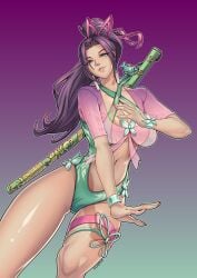 1girls artist_name busty curvy female green_eyes hair_ribbon katana light-skinned_female light_skin marvel marvel_comics marvel_rivals midriff navel one-piece_swimsuit ponytail psylocke psylocke_(breezy_butterfly) psylocke_(marvel_rivals) purple_hair swimsuit thigh_strap thotlerrr treartz