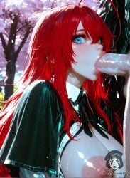 1girls ahoge ai_generated ai_video alberist blue_eyes bouncing bouncing_breasts capelet cherry_blossoms close-up deepthroat dripping falling_petals fellatio from_side high_school_dxd huge_breasts large_breasts large_penis long_hair long_sleeves oral outdoor_sex outdoors red_hair rias_gremory saliva sucking tagme thick_lips tongue underbust uniform video