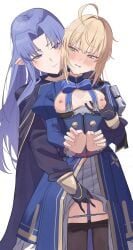 2girls absurdres ahoge armor artoria_pendragon_(fate) black_cloak blonde_hair blue_bow blue_dress blue_eyes blue_hair blush bound bound_wrists bow breasts cape cloak clothes_pull commission dress fate/stay_night fate_(series) fingering fingering_from_behind forced from_behind green_eyes groping highres honkai:_star_rail honkai_(series) hug hug_from_behind long_hair medea_(caster)_(fate) medea_(fate) multiple_girls nemu_(jdgz3357) nipples panties panty_pull pantyhose pantyhose_pull pauldrons pixiv_commission pointy_ears saber_(fate) saber_(honkai:_star_rail)_(fate) saliva short_hair shoulder_armor single_pauldron small_breasts sweat thread underwear white_dress yuri