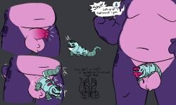 3_fingers absurd_res alien alien_genitalia animate_inanimate anthro balls belly belly_markings biped bodily_fluids chastity_cage chastity_device curling_tail dialogue digital_media_(artwork) dripping duo feet fingers genital_fluids genitals half-erect hi_res hypnosnack male markings moobs navel nude open_mouth overweight overweight_anthro overweight_male penetration penis precum precum_drip quadruped short_tail speech_bubble spots spotted_markings tail text toes unusual_anatomy unusual_genitalia unusual_penis
