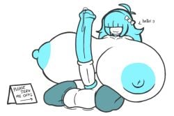 :3 aplovestudio bangs_over_eyes blue_hair blue_nipples bow choker dripping_precum futanari huge_balls huge_breasts huge_cock huge_nipples hyper_breasts long_hair original_character sign speech_bubble text thighhighs