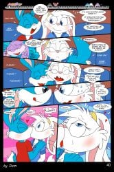 3_toes 4_fingers anthro babs_bunny black_text blue_eyes blush buster_bunny character_map clothed clothing comic conjoined_speech_bubble conjoined_thought_bubble dam_(artist) dialogue duo emily_(dam) english_text ernestine_(dam) expression_avatar feet female fifi_la_fume fingers french_kissing group heart_symbol hi_res inner_monologue inside_train kissing lagomorph leporid linked_thought_bubble male mammal name_drop name_in_inner_monologue page_number plantigrade pointy_speech_bubble profanity rabbit shared_heart species_in_dialogue speech_bubble surprise_kiss text thinking thought_bubble tiny_toon_adventures toes tongue toony train vehicle warner_brothers white_text