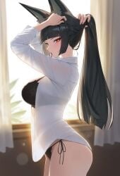 1girl 1girls ai_generated aiart_fring animal_ear_fluff animal_ears arms_up backlighting bangs black_bra black_hair black_panties blunt_bangs blush bra breasts collared_shirt cowboy_shot curtains dress_shirt fox_ears fox_girl from_side hair_tie hair_tie_in_mouth highres hoshimi_miyabi indoors lace-trimmed_bra lace_trim large_breasts long_hair long_sleeves looking_at_viewer looking_to_the_side model_request mouth_hold open_clothes open_shirt panties patient ponytail red_eyes see-through see-through_silhouette shirt side-tie_panties solo standing tagme thick_thighs tying_hair underwear white_shirt window zenless_zone_zero
