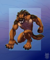 1boy abs abstract_background anthro balls biceps border canine crouching fluffy front_view full-length_portrait fully_sheathed german_shepherd halloween holidays male male_only mammal mujarin muscular muscular_male nude pecs sheath simple_background solo vallhund were