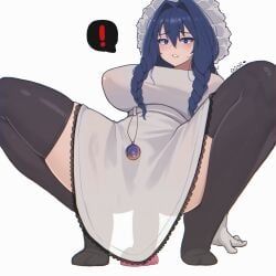 ! apron black_thighhighs blue_eyes blue_hair braid caught dildo female female_masturbation hat highres hololive hololive_english long_hair low_twin_braids maid masturbation mob_cap official_alternate_costume official_alternate_hairstyle ouro_kronii ouro_kronii_(maid) pocket_watch sex_toy simple_background solo speech_bubble spoken_exclamation_mark spread_legs thighhighs twin_braids virtual_youtuber watch white_apron white_background whyqone
