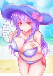 1girls beach big_breasts bikini bikini_bottom bikini_top blush breasts character_request cleavage collarbone english_text eyebrows_visible_through_hair facing_viewer female female_focus female_only hand_on_own_chest hat huge_breasts large_breasts leaning_forward light-skinned_female light_skin long_hair looking_at_viewer monster_strike ocean outdoors purple_hair sky smile solo solo_female solo_focus standing sun_hat talking_to_viewer text thick_thighs thighs translated zetsuhei_no_roran