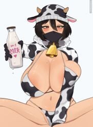 1girl alternate_version_available big_breasts black_hair blush breasts brown_eyes collar cow_bell cow_hat cow_print cowprint_bikini doodkhaw female female_only frost_(rainbow_six) mask masked_female milk milk_bottle rainbow_six_siege short_hair tagme