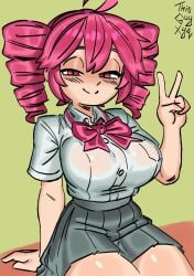 1girls 2d 2d_(artwork) ahoge artist_name big_breasts big_thighs breasts curvaceous curvy curvy_female curvy_figure female female_only green_background half-closed_eyes huge_breasts huge_thighs kasane_teto large_breasts large_thighs no_bra peace_sign red_eyes red_hair school_uniform schoolgirl see-through see-through_clothing see-through_shirt shiny_skin simple_background sitting skirt slim_waist solo solo_female thick_thighs thighs thisguyxyq twin_drills utau wide_hips