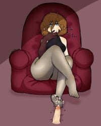 assertive_female cum cum_on_feet femdom foot_fetish footjob fully_clothed gloves lucycoom oc red_hair short_hair tight_clothing