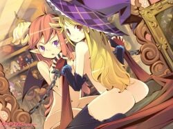 2009 2girls ahoge ass black_legwear blonde_hair bondage bound brown_eyes brown_hair chains cuffs demon_girl demon_wings elbow_gloves female galge.com gloves hat holding_hands long_hair multiple_girls nude original purple_eyes shackles sitting super_zombie thighhighs wings witch_hat yuri